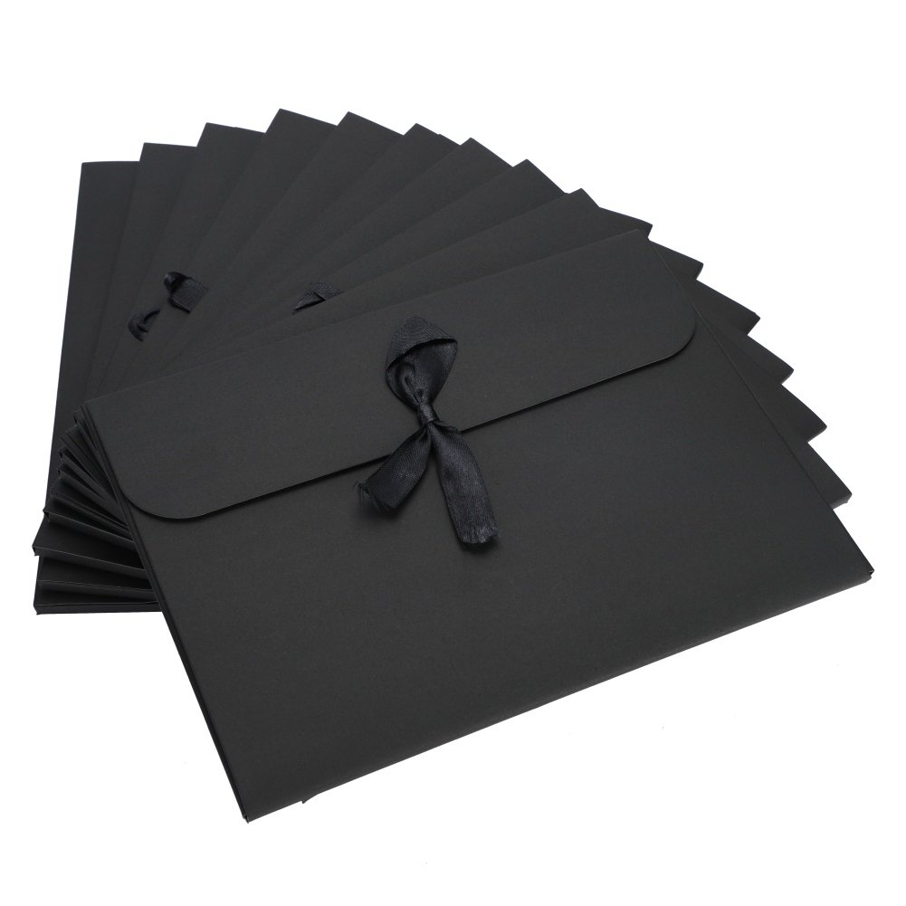 10Pcs Kraft Gift Envelopes with Ribbon Solid Color Cardboard Textured Rectangle Flat Present Gift Envelopes for Invitation Vouchers Christmas Birthday Cards Wedding Accessories