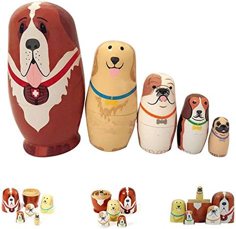 Moolon 5pcs Wooden Russian Nesting Dolls Handmade Lovely Baby Toy Cute Dog Matryoshka Cartoon Animals Pattern Doll Christmas Gift