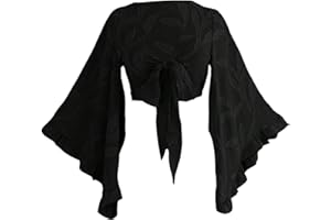 BEAUDRM Women's Boho Tops Western Country Concert Outfits Tie Front Long Bell Sleeve Tops 70s Hippie Disco Clothes