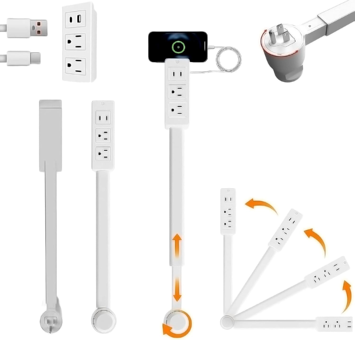 Photo 1 of Outlet Extender - Rotating Wall Outlet Extender Stick, 180° Adjustable Plug Extension with USB-C Fast Charging, Surge Protector Fire Resistant No Drill for Furniture Couch Desk