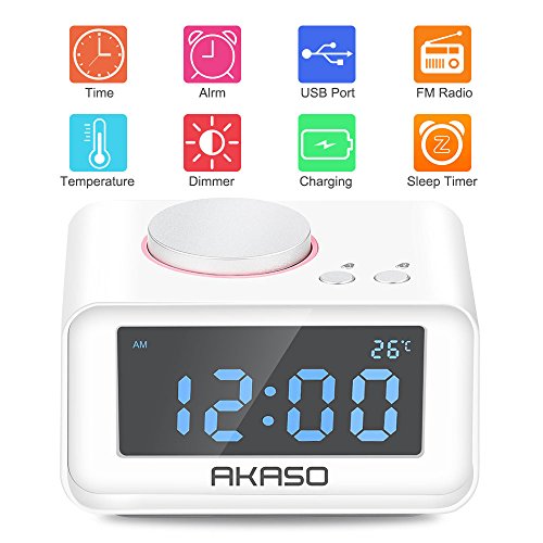 AKASO Alarm Clock, Radio Alarm Clock - USB Charging Alarm Clocks, Digital Alarm Clock for Bedroom with Snooze Function, 5 Dimmer Brightness, Thermometer Phone Charger with Dual Port USB, White