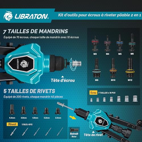 LIBRATON 2 in 1 Folding Threaded Insert Rivet Pliers, 7 Mandrels (M3-M12) & 5 Bits (2.4-6.4mm), Includes 70 Crimp Nuts and 200 Pop Rivets, Powerful Manual Tool for Auto and DIY