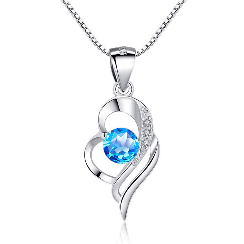 Kamise Womens Necklace, 925 Sterling Silver Love Heart Necklaces with Aquamarine Zirconia, Hypoallergenic 45cm Silver Chains with Heart Pendant for Women Ladies, Romantic Jewellery for Valentine's Day