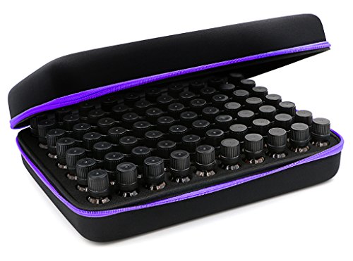Hipiwe 70 Essential Oils Carrying Case Holds 5ml, 10ml, 15ml Bottles Hard Shell Exterior EVA Essential Oils Storage Organzier Bag with Foam Insert and Carrying Handle (Black+Purple)