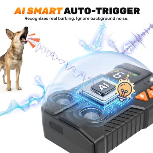 Dog Barking Deterrent Device with AI Detection IPX6 Rechargeable 6x3 Levels | AI Detection 2 Enhanced Emitters 6 Sensitivity 3 Intensity 4 Modes IPX6 Rechargeable 2200mAh Up to 60 Days 15M Range