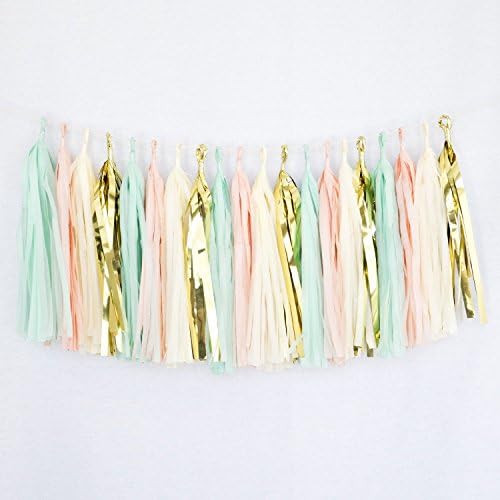 Somnr 20pcs Tissue Paper Tassel Garland Navy Mint-Peach-Ivory-Gold Mylar Mixed Colors Bunting for Baby Shower, Bridal Shower, Birthday Party, Nursery Decoration Pom Poms (Mint-Peach-Ivory-Gold Mylar)