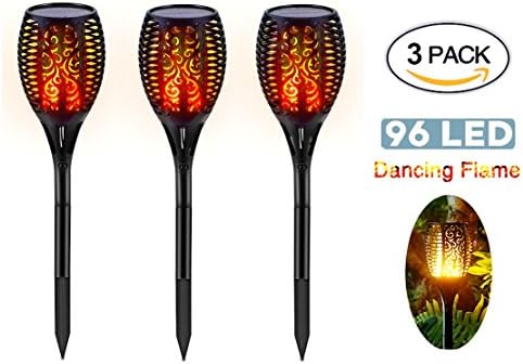 LUCOG Waterproof Solar Garden Lights Flickering dancing Flame Torch Lamps, 96 LED patio lawn landscape decoration, Light Sensor technology automatically On /Off, Halloween Christmas lights (3-Pack)