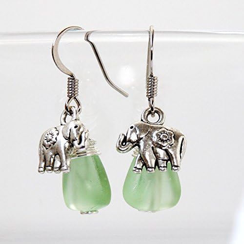 Green Glass Elephant Earrings - Wire Wrap Jewelry