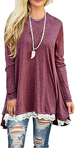 UlaTree Women Tunic Tops For Leggings Casual Lace Hem Line Long Sleeve Round Neck Blouses Red XXL