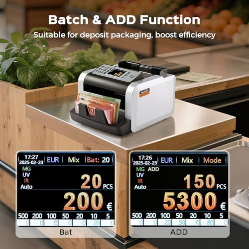Bonvoisin Professional Banknote Counter, Value Counting for Mixed Euro Banknotes, Money Counter Machine with UV/MG/IR Detection, 1000 Pieces/Min, Banknote Counter with External Display