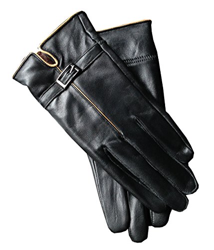 UNbox Womens Genuine Leather Nappa Lined Winter Driving Thick Telefingers Gloves Black