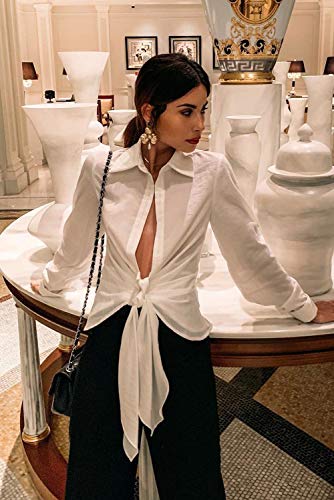 Donnalla 2019 Women Deep V Neck Long Sleeve Shirt Tie Front Kimono Cover Up Casual Blouse Tops (White, Size L)