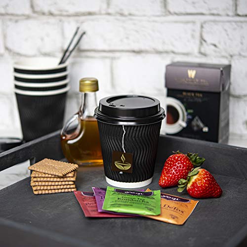 NYHI Set of 100 Black Disposable Paper Cups with Black Lids and Straws (10-oz) | Ripple Insulated Kraft for Hot Drinks - Tea & Coffee | Triple Layer Design | Eco- Friendly, Recyclable, Durable Paper