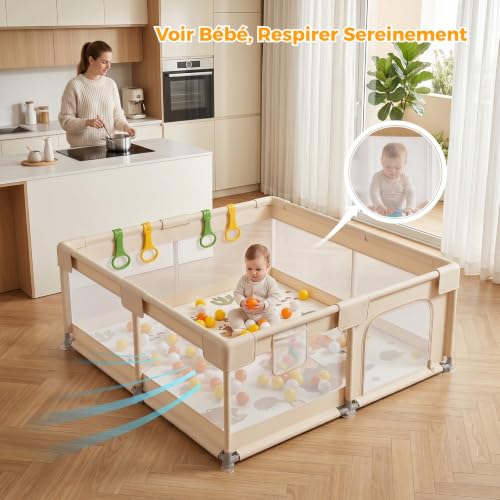KUQAZ Beige Parc Bebe avec Tapis - 150x150cm Parc Enfant Sécurisé, Aire de Jeu Carrée en Tissu Oxford, Filet Respirant 360°, Structure Stable avec Puissantes Ventouses et 4 Anneaux