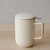 WENSHUO Ceramic Tea Infuser Cup with Stainless Steel Brewing Basket and Lid, Perfect for Steeping Floral Teas, Large Capacity, 20oz, Matte Crème