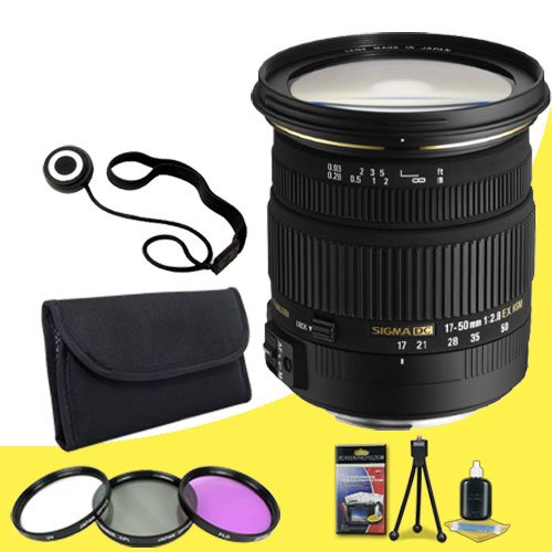 Sigma 17-50mm f/2.8 EX DC OS HSM FLD Standard Zoom Lens for Canon Digital DSLR Cameras + 77mm 3 Piece Filter Kit + Lens Cap Keeper + Deluxe Starter Kit DavisMax Bundle