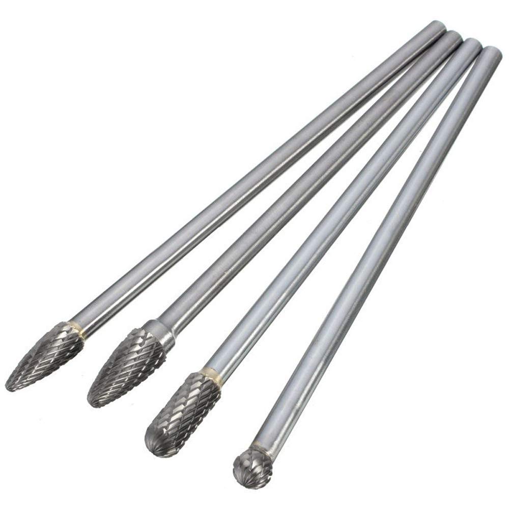 Gasea 4pcs 1/4" Shank Tungsten Carbide Rotary Burr Set, 6" Long Reach Double Cut Head Rotary Files for Woodworking Drilling Carving Engraving