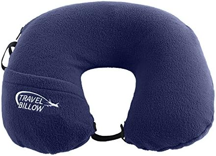 Travel Billow Pillow for Neck Support with Built-In Blanket, Navy Blue