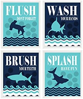Shark Bathroom Wall Art, Kids Bathroom, Wash, Flush, Brush, Splash, Navy Blue Turquoise Decor, Shark Bathroom Theme, Shark Art, Boy Bathroom