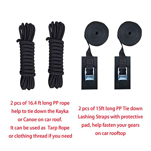 RORAIMA Heavy Duty Hood Loop Straps and Hood Trunk Straps with Lashing Tie down straps and PP Ropes 2 pcs each Ultimate solution kit for Trailing the Kayak/Canoe/SUP/Surfboard/Ski board/Snow board 8 p - Thumbnail 3