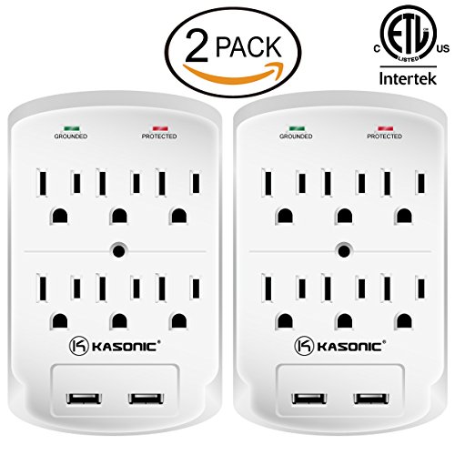 Wall-Mount Power Outlet, Kasonic 6 AC Socket Surge Protector with 2.1Amp Dual USB Charging Station; Grounding and Protection Indicator for Home, Office ETL Certified (2 Pack)