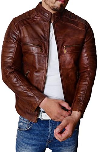 Abbraci SHAZMEEN Men vintage motorcycle Rider cafe racer retro brown biker genuine leather gold dark distressed Jacket