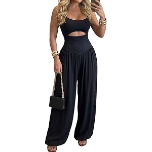 CHICME Women's Slim Fit Jumpsuit Wide Leg One Piece Jumpsuit Summer | Soft Stretch Knit Fabric, U-Neck Cutout Wide Leg Jumpsu