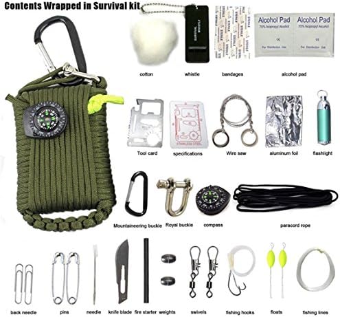 All Venture Emergency Key Chain Survival Kit w/ Compass, Carabiner, Fish Tools, Eye Knife, Fire Starter for Camping, Hiking, Hunting, Travel (Olive)