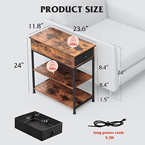 WLIVE Flip Top Side Table with Charging Station, Narrow End Table with