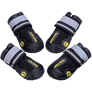 QUMY QUMY Dog Boots Waterproof Shoes for Large Dogs with Reflective Velcro Rugged Anti-Slip Sole Black 4PCS (Size 6: 2.9x2.5 Inch)
