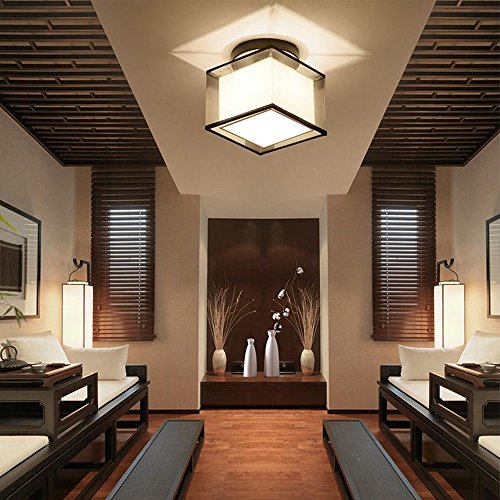 WOERFU Semi-Flush Mount Ceiling Lights, Black Paint Finish, Fabric Shade Pendant Light Fixture (Square Shade)