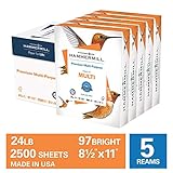 Hammermill Premium Multi-Purpose 24lb Copy Paper, 8.5 x 11, 5 Ream, 2,500 Sheets, Made in USA, Sustainably Sourced From American Family Tree Farms, 97 Bright, Acid Free, Printer Paper, 105810C