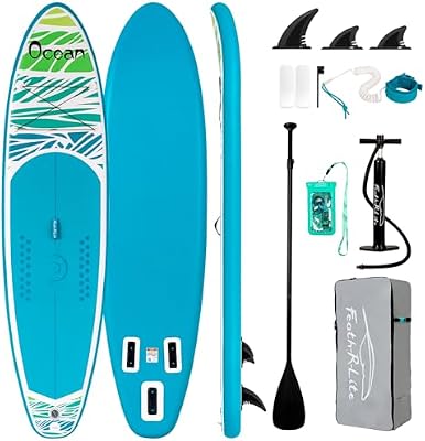 Aufblasbares Stand Up Paddle Board Ultra-Leicht SUP Paddelboard mit 3 Finnen, Verstellbarem Paddel, Pumpe, Rucksack, Leine und Wasserdichter Tasche