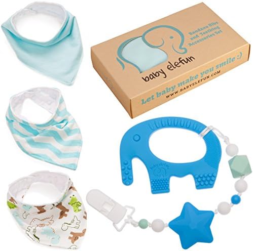Easter Gifts For Boys - Unique Matching Set of Teether Pacifier Clip, Blue Elephant Teething Toy, 3 Pack Bandana Drool Bibs, 100% Safe BPA Free Silicone, Best for 0 3 6 Months Old Newborn Infant