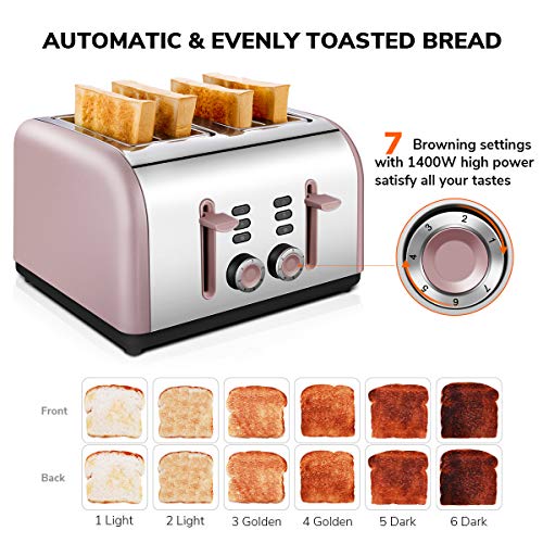 4 Slice Toaster, CUSIBOX Stainless Steel Toaster Four Wide Slots with 7 Bread Browning Settings, REHEAT/DEFROST/CANCEL Function, 1400W, Pink Gold
