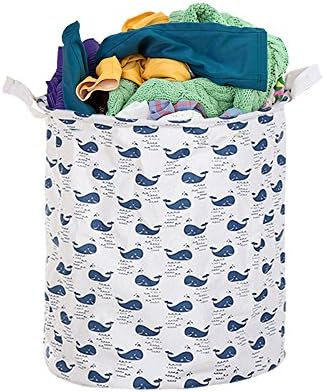 3Q BABY Laundry Hamper Cotton Linen Canvas Basket Nursery Bin Folding Laundry Hamper for Your Home Collapsible Waterproof Anti-Mold Coated (Large Sized-19.7H''x15.7D'') (whale)