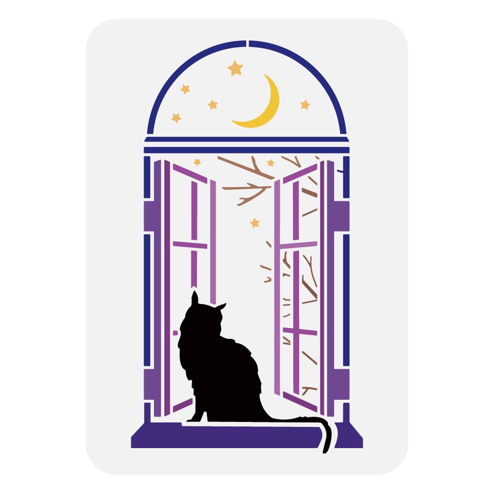 FINGERINSPIRE Window Cat Painting Stencil 21x29.7cm Plastic Cat Pattern Stencil Moon Stars Stencil Branch Stencil Reusable Animal Theme Template for Painting on Wood Floor Wall Tile Canvas Fabric