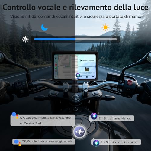 Wonsidary W722TPMS Schermo CarPlay Moto 7" Wireless con Android Auto Moto,TPMS,Display GPS Moto Impermeabile IP67,Audio Bluetooth Doppio,Controllo Vocale,EQ,Sensore di Luce,Alimentazione USB/ACC