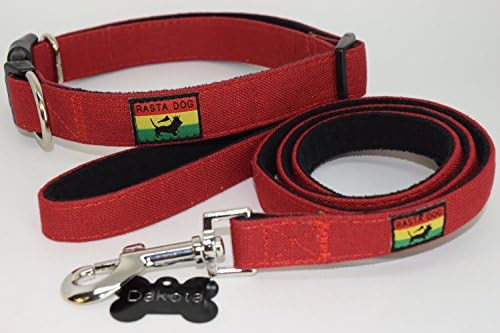 RASTA DOG Fleece Lined Bamboo Dog Collar &amp; Leash Set Bundle with FREE ID TAG Sizes S M L XL Red Black Tan Grey (Large: 16"-26"length 1" wide, Red)