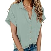 HOTOUCH Linen Shirts for Women Button Down Short Sleeve Tops Cotton Blouses Collared Button-up Beach Vacation Outfits