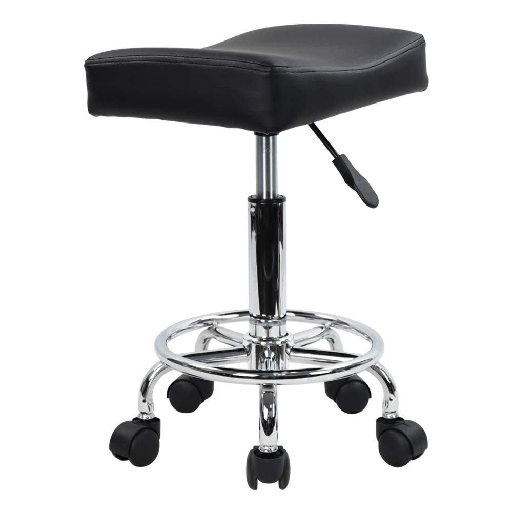 KKTONER Square Rolling Stool PU Leather Height Adjustable Swivel Massage SPA Salon Stools Task Chair with footrest (Black): Kitchen & Dining