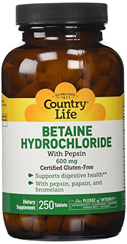 Country Life Betaine Hydrochloride with pepsin 600 mg - 250 Tablets Country Life Betaine Hydrochloride with pepsin 600 mg - 250 Tablets