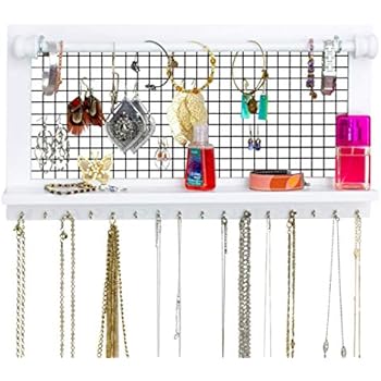 SoCal Buttercup White Jewelry Organizer with Removable Bracelet Rod from Wooden Wall Mounted Holder for Earrings Necklaces Bracelets and Other Accessories
