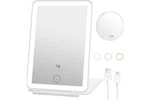 ATDOOM Rechargeable Travel Makeup Mirror with 10X Magnifying Mirror,Vanity Mirror with 80 LED Lights,3 Color Light, 2000mAh Battery,Dimmable Touch Screen,Compact Light Up MirrorTravel Essential