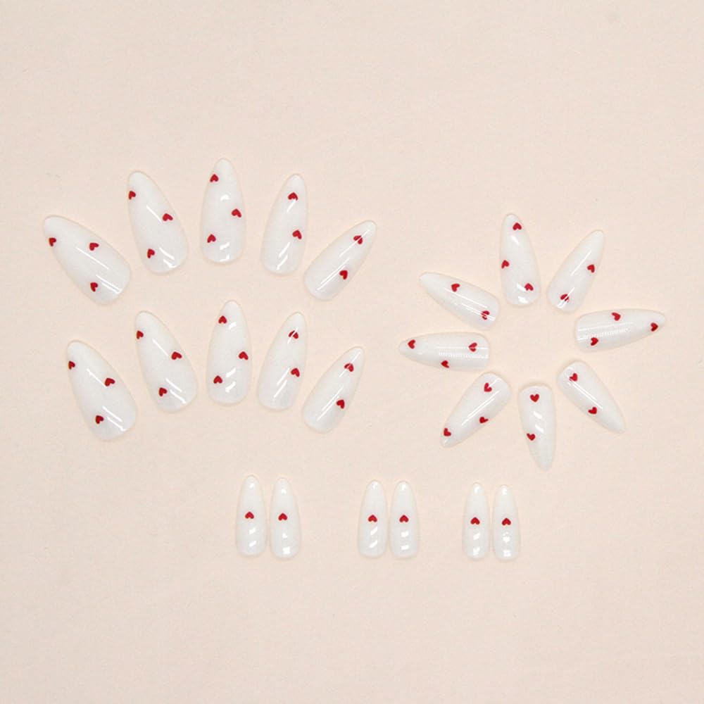 24Pcs Valentines Milky White Press on Nails Medium Almond Fake Nails with Red Heart Design False Nails Valentines Cute Acrylic Stick Glue on Nails for Women Girlfriend Gift - Image 4