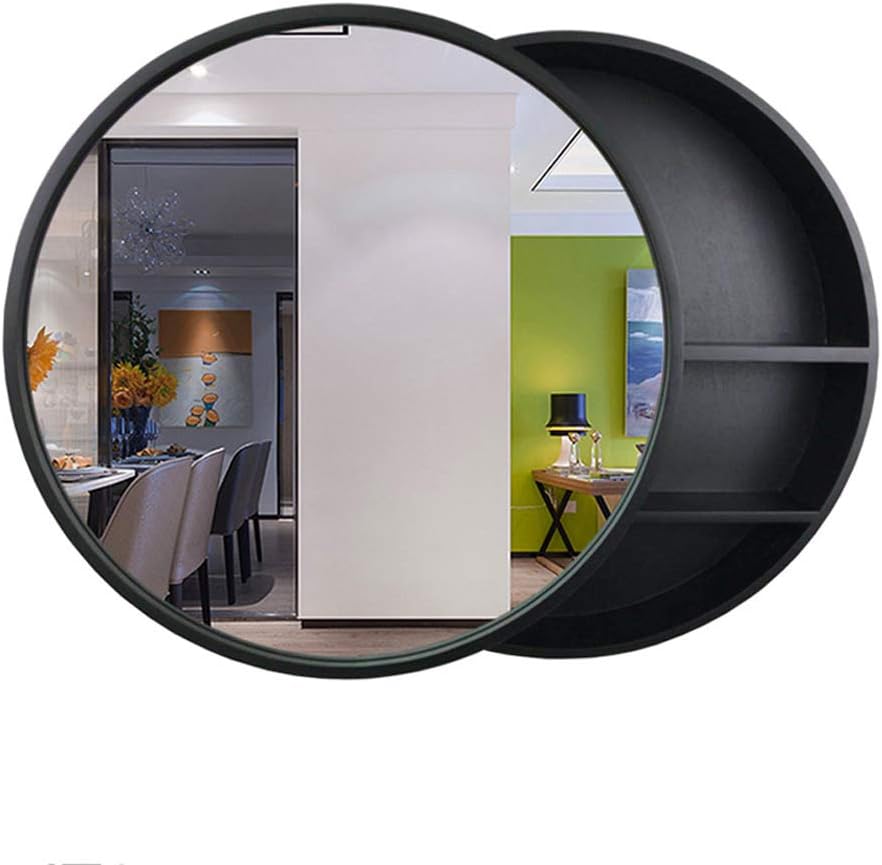 W Solid Wood Home Decoration Mirror Wall Hanging Indoor Bedroom Living Room Bathroom Mirror Cabinet (Color : BLACK, Size : 50cm)