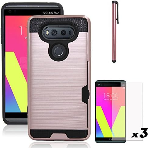 LG V20 Case, Telegaming Brushed Metal Texture Hybrid Dual Layer Shockproof Hard Bumper Case Protective Cover With Card Holder Pocket + Screen Protector + Stylus Pen For LG V20 Rose Gold