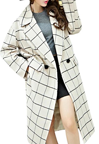 Lingswallow Women's White Winter Plaid Long Woolen Trench Coat Jacket with Belt Lingswallow Women's White Winter Plaid Long Woolen Trench Coat Jacket with Belt