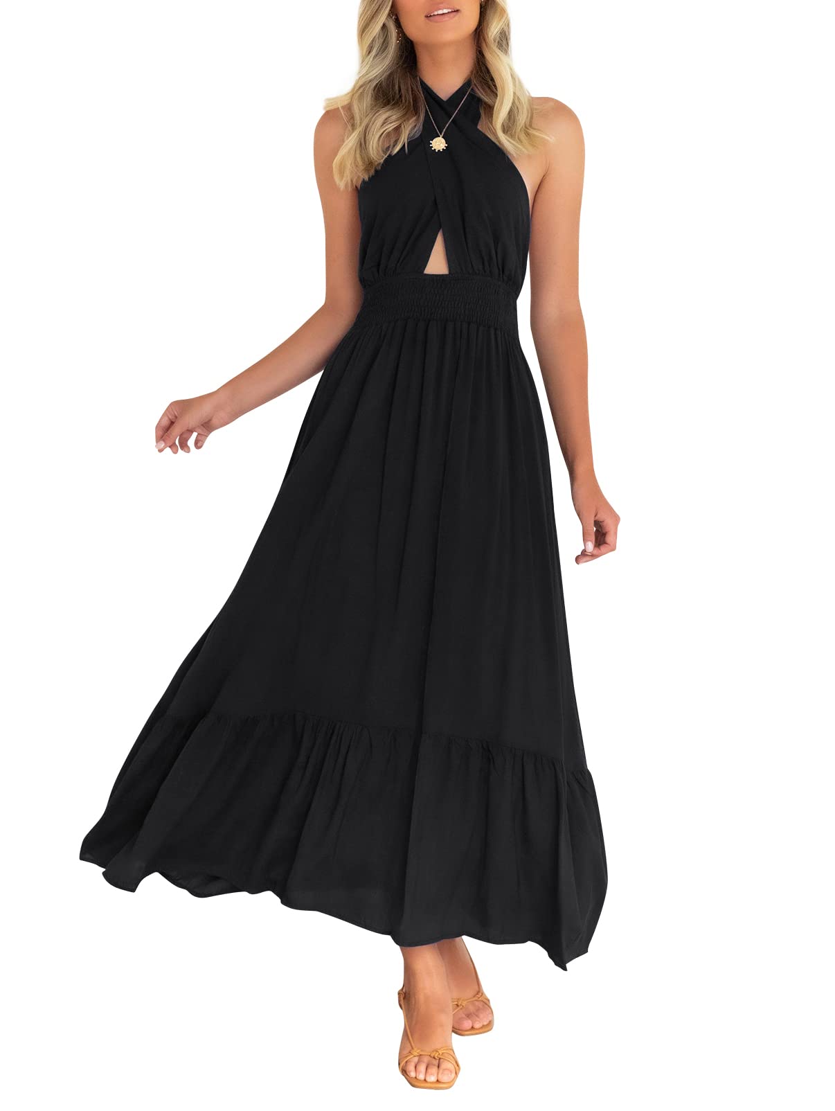 Photo 1 of ZESICA Women's 2025 Summer Crossover Halter Neck Sleeveless Plaid Cut Out Backless Flowy A Line Maxi Dress,Black,Medium