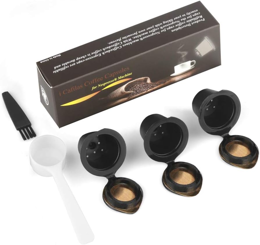 BRBHOM 3 pcs Refillable Coffee Capsules Pods Reusable Coffee Filters Compatible for Nespresso Machines with Coffee Spoon brush